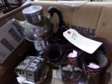 TWO BOXES INCLUDING MARTINI SHAKER MILK GLASS WWI BATTLE SHIP WITH UNCLE SA