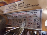 LARGE TIN INCLUDING 1948 SEWELL DOVE CALENDAR SALISBURY MD