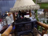 MINIATURE CRESCENT STOVE CONVERTED TO LAMP AND CHILDS CHAIR WITH SOME DAMAG