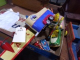 BOX LOT OF TOYS AND NOISE MAKERS INCLUDING FIRE CHIEF CARS WIND UP TIN TOYS