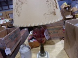 CRANBERRY GLASS AND BRASS MARBLE BASE LAMP