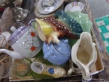 BOX LOT INCLUDING CREAM AND SUGARS GREEN GLASS JAPANESE TEA POT AND DISHES