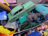 BOX FULL OF TOYS INCLUDING PLASTIC TOYS ARMY MEN ANIMALS AND SMALL PORCELAI