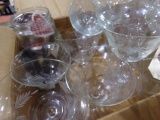 BOX LOT CRYSTAL STEMWARE AND JAR FULL OF OLD BUTTONS