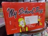BOX LOT OF TOYS INCLUDING LEATHER TOOL BELT DRAW POKER MACHINE MY SCHOOL BO