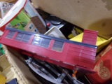 BOX LOT OF TRAIN TRACK AND PLASTICVILLE SWITCH TOWER AND TOY TRANSFORMER AN