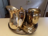 SILVER PLATE TRAY WITH PITCHERS AND ICE BUCKET