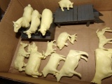 BOX LOT WITH LOAD OF VINTAGE PLASTIC FARM ANIMALS AND STALL AND DECK BY MAR