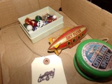 BOX LOT WITH VINTAGE MARBLES TIN SKY FLYER TOY VINTAGE DICE AND MORE