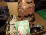 BOX LOT OF COCONUT LAMP VINTAGE CHRISTMAS GAG TWO BIG BEN CLOCKS AND VINTAG