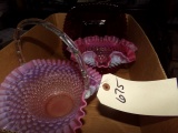 BOX LOT FLUTED GLASS HOBNAIL BOWL PINK AND FLUTED BASKET AND DIAMOND PATTER