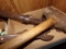 BOX LOT OLD TOOLS INCLUDING MAUL WITH BRONZE END ANTIQUE PIPE WRENCHES AND