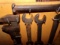 COLLECTION OLD RR TOOLS AND SPIKES OPEN END WRENCHES PIPE WRENCHES CHISELS