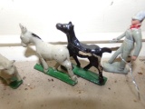 SET OF SEVEN PCS INCLUDING SIX ANTIQUE METAL MINIATURE ANIMALS AND PEOPLE B