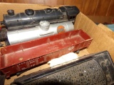 BOX LOT OF EIGHT LIONEL CARS INCLUDING ENGINES GULF TANKERS CABOOSES TRACKS