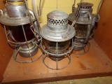 THREE ANTIQUE KEROSENE LAMPS NY CENTRAL WITH RED GLOBE PENNSYLVANIA RR CLEA