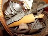 BASKET OF PRIMITIVE KITCHEN UTENSILS MEAT HOOKS IRONS MUFFIN TINS AND MORE