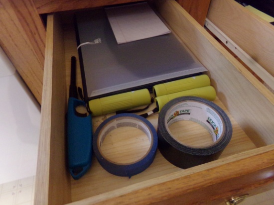 CONTENTS OF TWO DRAWERS INCLUDING FLASHLIGHTS SCISSORS TAPE PLANTER AND MOR