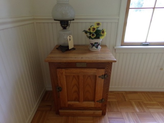 WHITE CLAD OAK ICE BOX REPRODUCTION WITH CONTENTS INCLUDING LAMP AND FLOWER