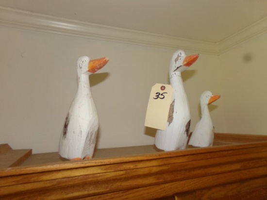 SET OF THREE HAND CARVED WHITE BARNYARD GEESE