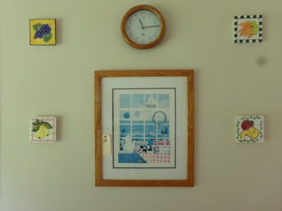 COLLECTION OF FOUR HAND PAINTED TILES AND FRAMED UNDERGLASS PRINT AND CLOCK