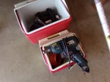 TWO SMALL IGLOO COOLERS WITH ROTOZIP SAW PALM SANDER ELECTRIC DRILLS AND EX