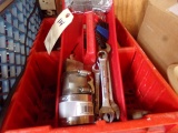 PLASTIC CRATE WITH OPEN END WRENCHES GARDEN SPADES PADLOCKS AND MORE