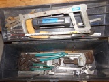 TOOL BOX AND CONTENTS OF HAND TOOLS INCLUDING WRENCHES PLIERS AND MORE