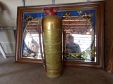 ANTIQUE COPPER PYRENE FOAM FIRE EXTINGUISHERS AND THREE FRAMED PICTURES