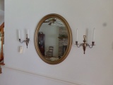 PAIR BRASS WALL HUNG CANDLE HOLDERS AND OVAL MIRROR