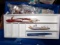 SHELF LOT INCLUDING ANCHORS FISHING TACKLE OWL DECOY AND HAND TOOLS