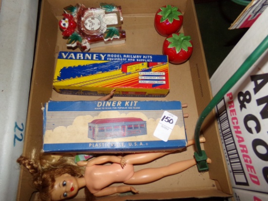 BOX LOT WITH PLASTICVILLE TRAIN CARS BARBIE DOLLS SALT AND PEPPERS AND MORE