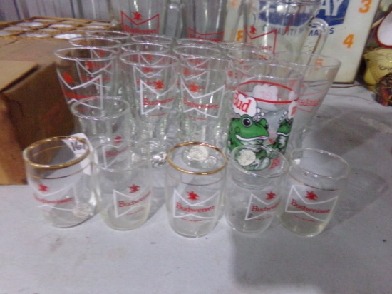 20 BUDWEISER GLASSES AND THREE PITCHERS
