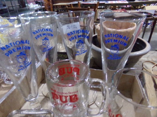 BOX OF NATIONAL PREM AND OLD MILWAUKEE GLASSES