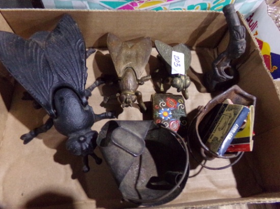 BOX OF IRON FLY ASHTRAYS AND NATIVE PIPE AND MORE
