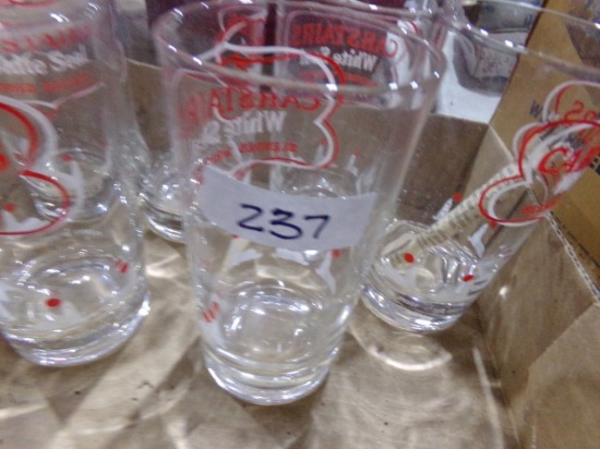SIX PACK BILLY BEER AND CARSTAIRS WHITE SEAL WHISKEY GLASSES