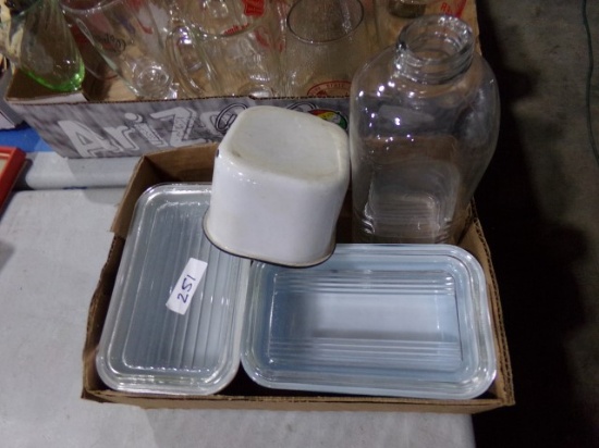 BOX LOT EARLY REFRIG DISHES AND WATER BOTTLE