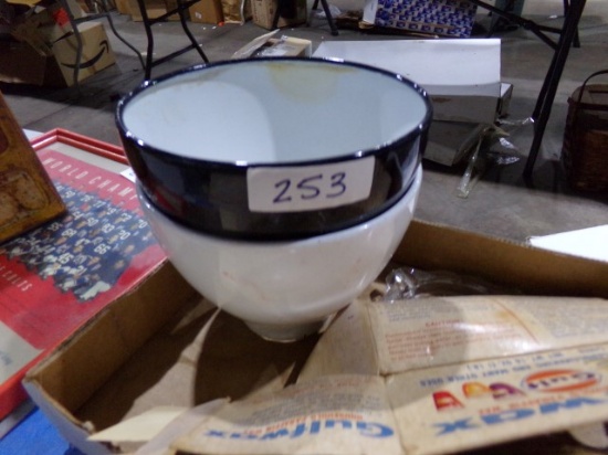 BOX LOT WITH EARLY TIN LAMP SHADES AND ADVERTISINGS AND MORE