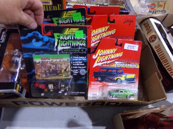 BOX LOT WITH JOHNNY LIGHTNING CARS MATCHBOX AMERICAN MUSCLE AND MORE