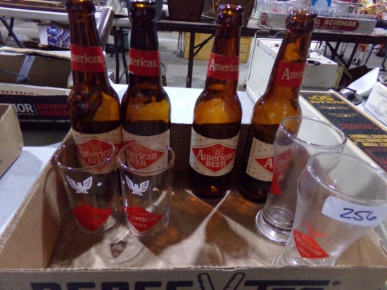 BOX LOT WITH AMERICAN BEER LONG NECK BOTTLES AND GLASSES