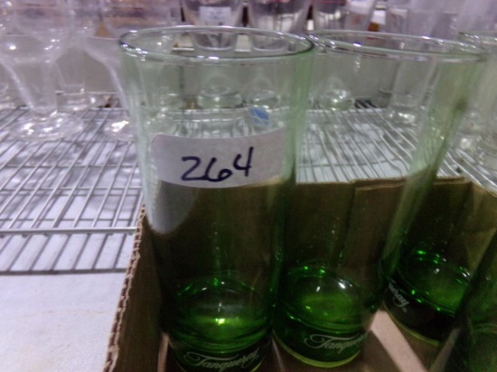 BOX WITH TANQUERAY GLASSES AND GREEN SHOT GLASSES