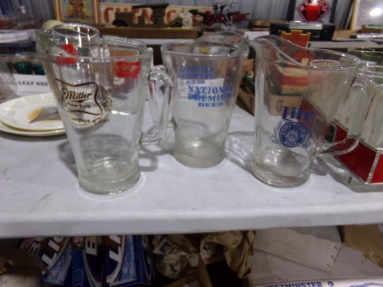 THREE BEER PITCHERS MILLER LIGHT AND MILLER HIGH LIFE AND NATIONAL PREMIUM