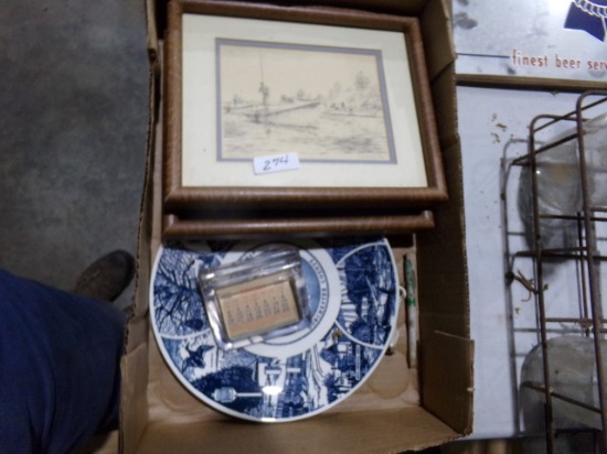 BOX LOT WITH TWO JOHN MOLL PRINTS DORCHESTER PLATES 1949 DESK TOP CALENDAR