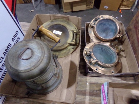 COLLECTION OF THREE PORT HOLES AND VINTAGE ANCHOR LIGHT