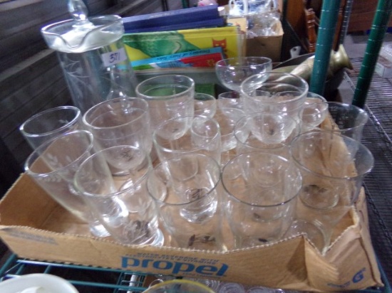CUT GLASS PITCHER WITH WINE GLASSES GOBLETS AND MORE
