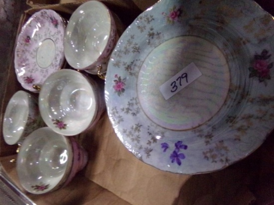 BOX OF HAND PAINTED COFFEE CUPS SAUCERS AND MORE