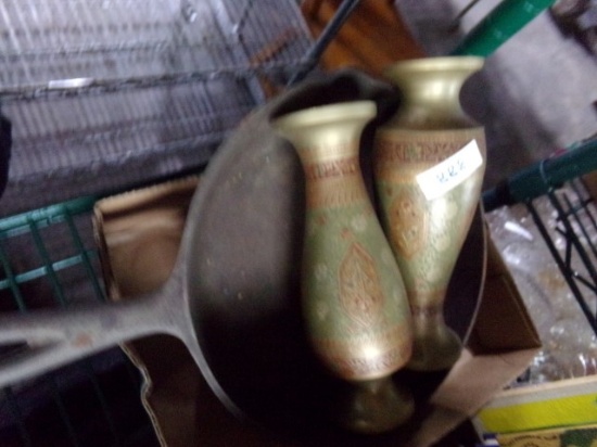 BRASS BUD VASES AND CAST IRON SKILLET