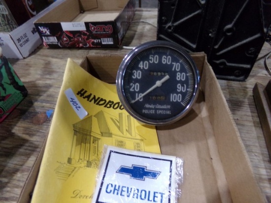BOX LOT WITH HARLEY DAVIDSON POLICE SPECIAL SPEDOMETER CHEVROLET STICKERS A