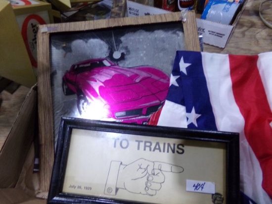 BOX LOT WITH CORVETTE SIGNS FLAGS AND MORE