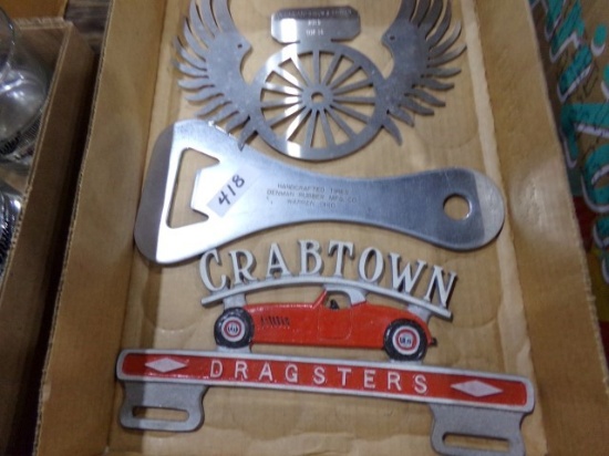 BOX WITH CRAB TOWN DRAGSTERS TAG EMBLEM AND ADVERTISING PIECES